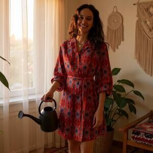 TINY Anthropologie Rosemary Tunic Dress Red Boho Belted Henley Woven Womens XS